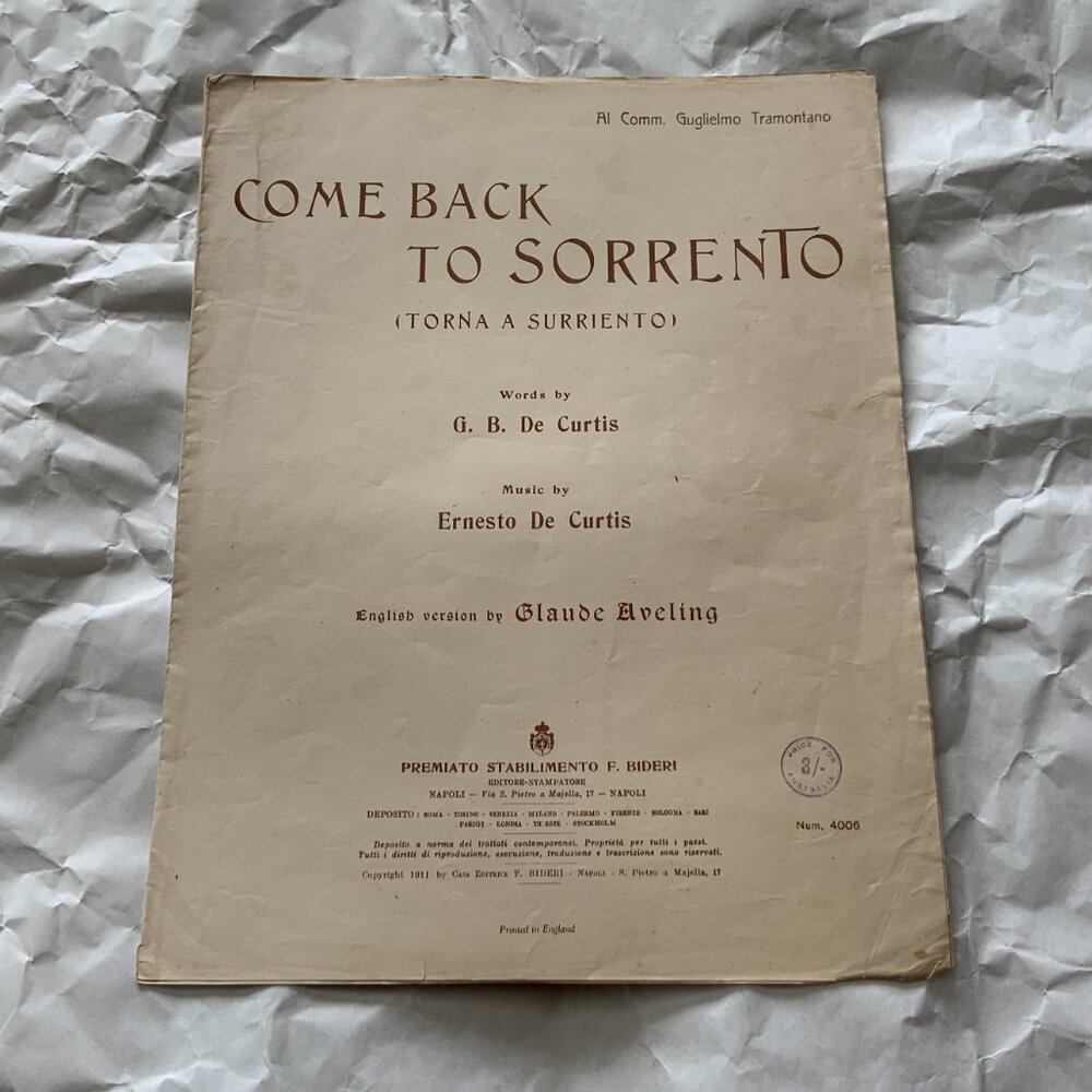SHEET MUSIC 1911 COME BACK TO SORRENTO TORNA A SURRIENTO ENG & ITALIAN LYRICS